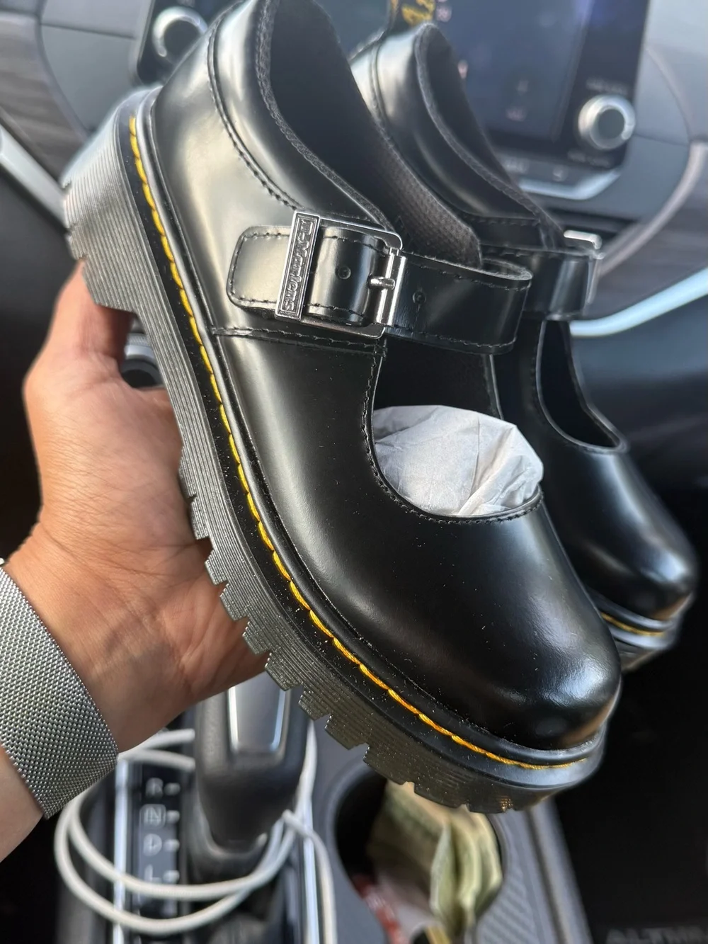 Dr. Martens Black Mary Jane Shoes with Yellow Stitching
